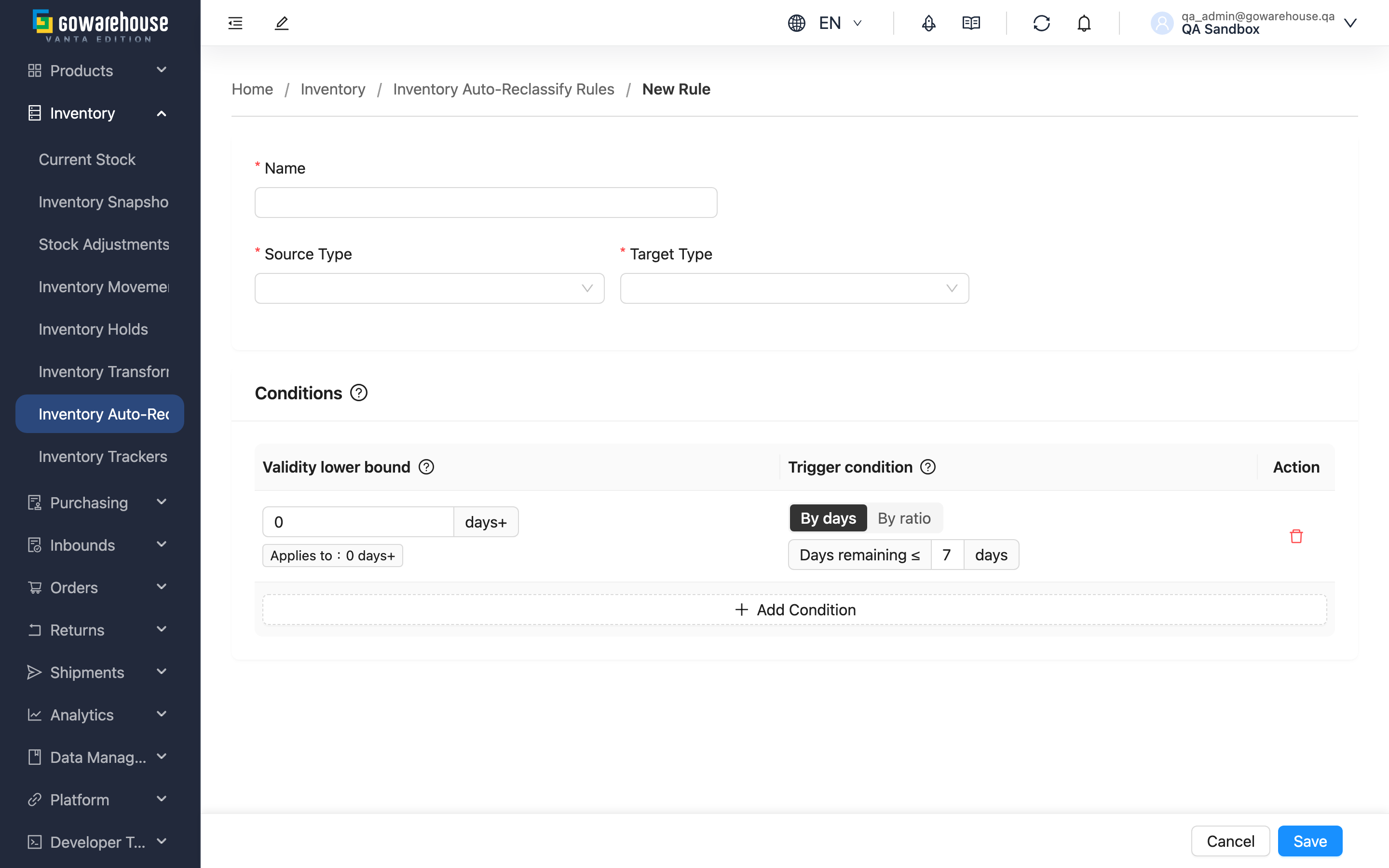 New Inventory Auto-Reclassify Rule - page overview