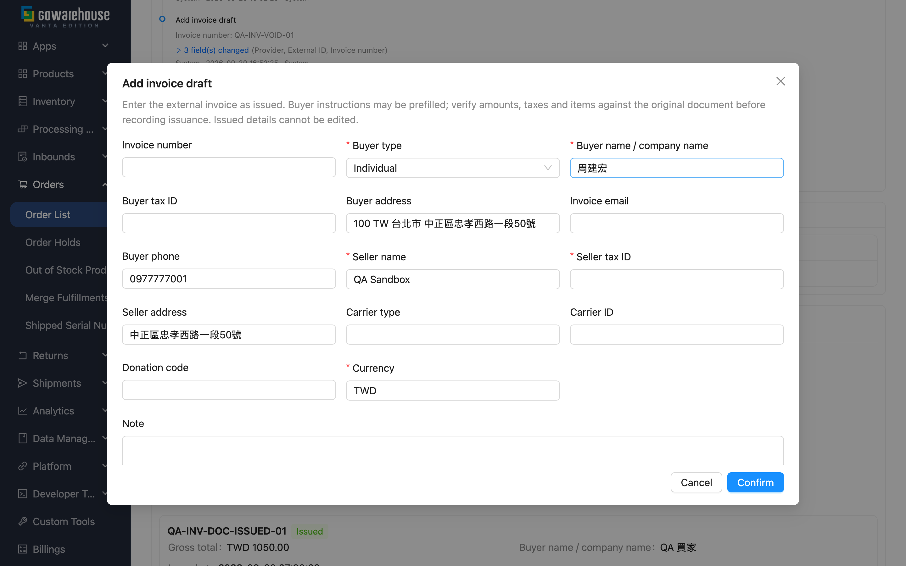 Order invoice - Prefilled buyer details