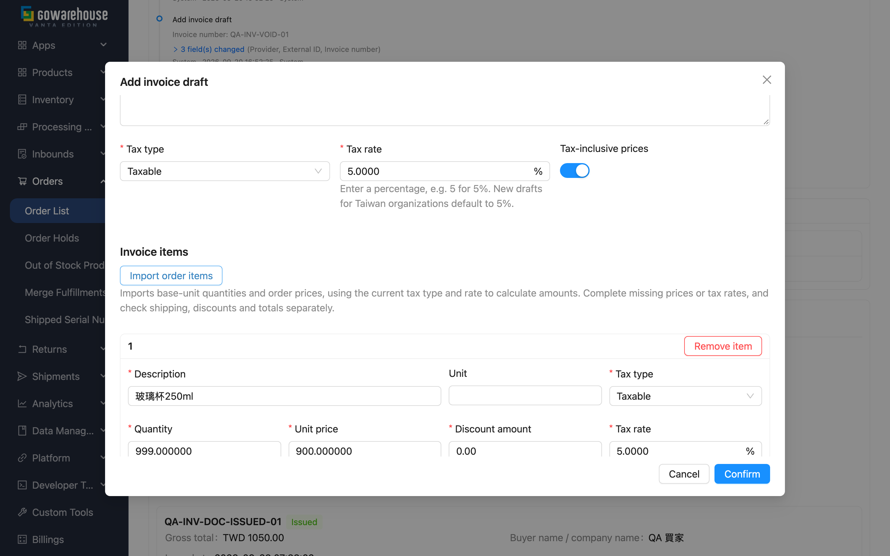 Order invoice - Import order items