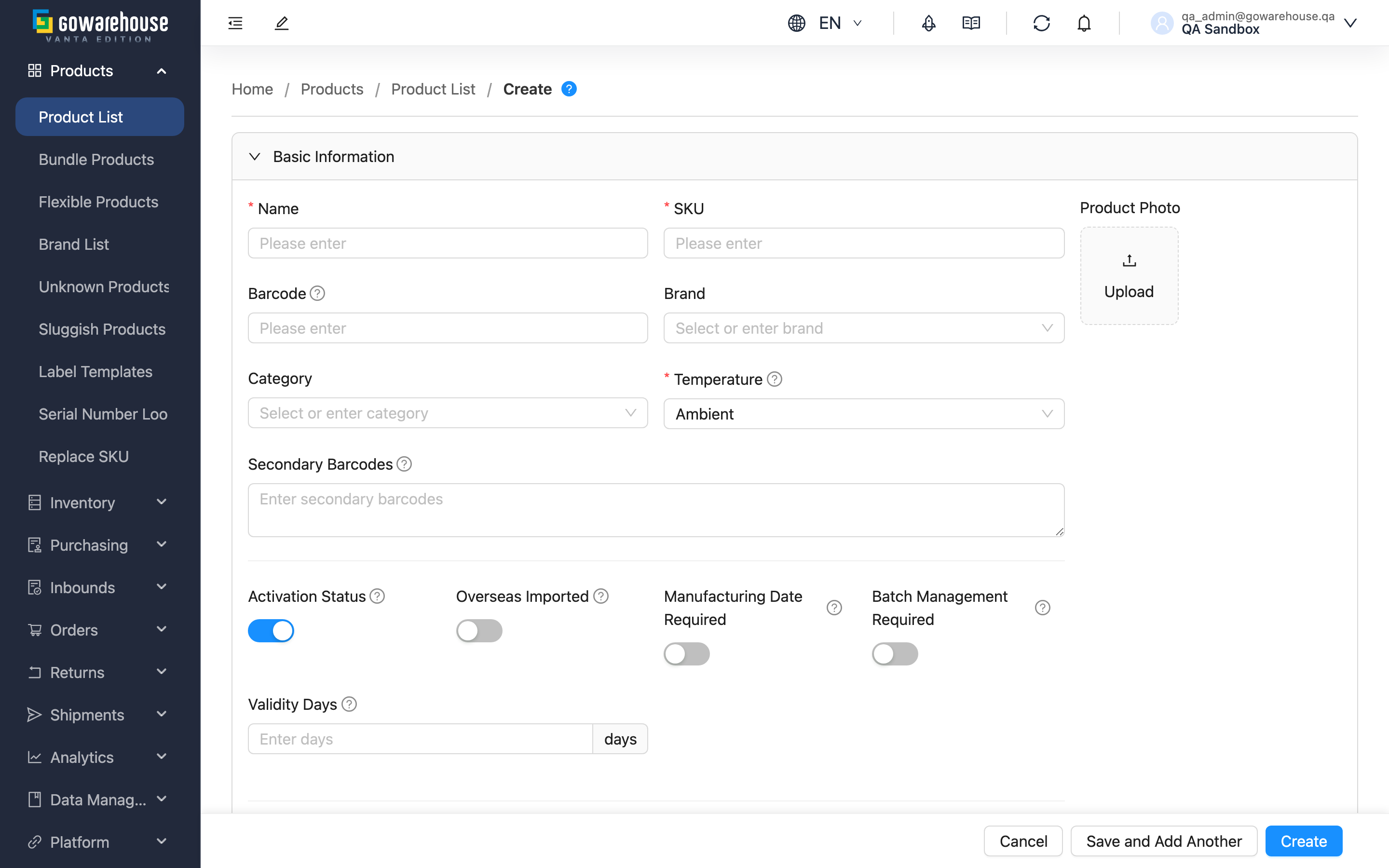 Create Product - Page Overview