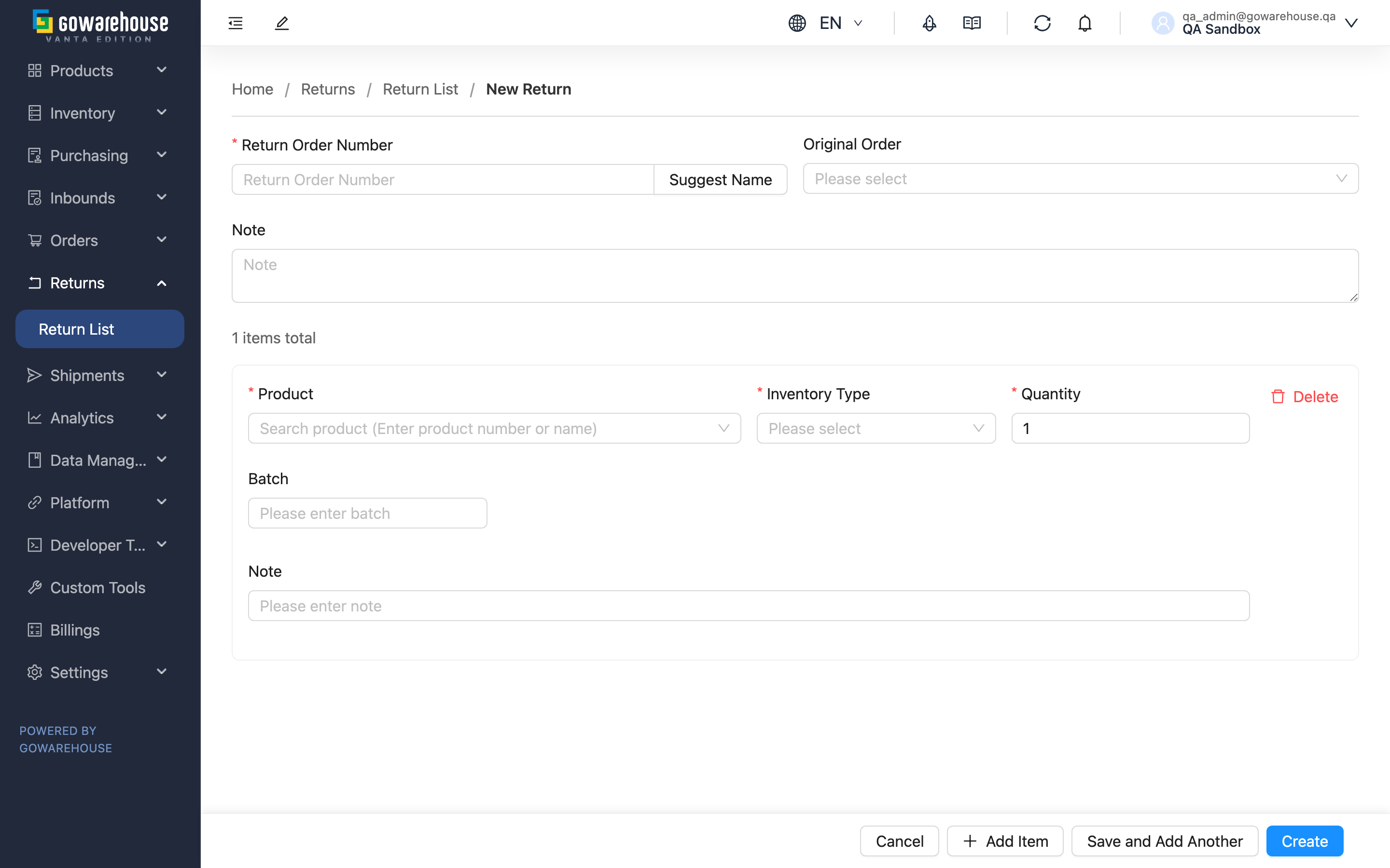 Create Return Order - Page Overview