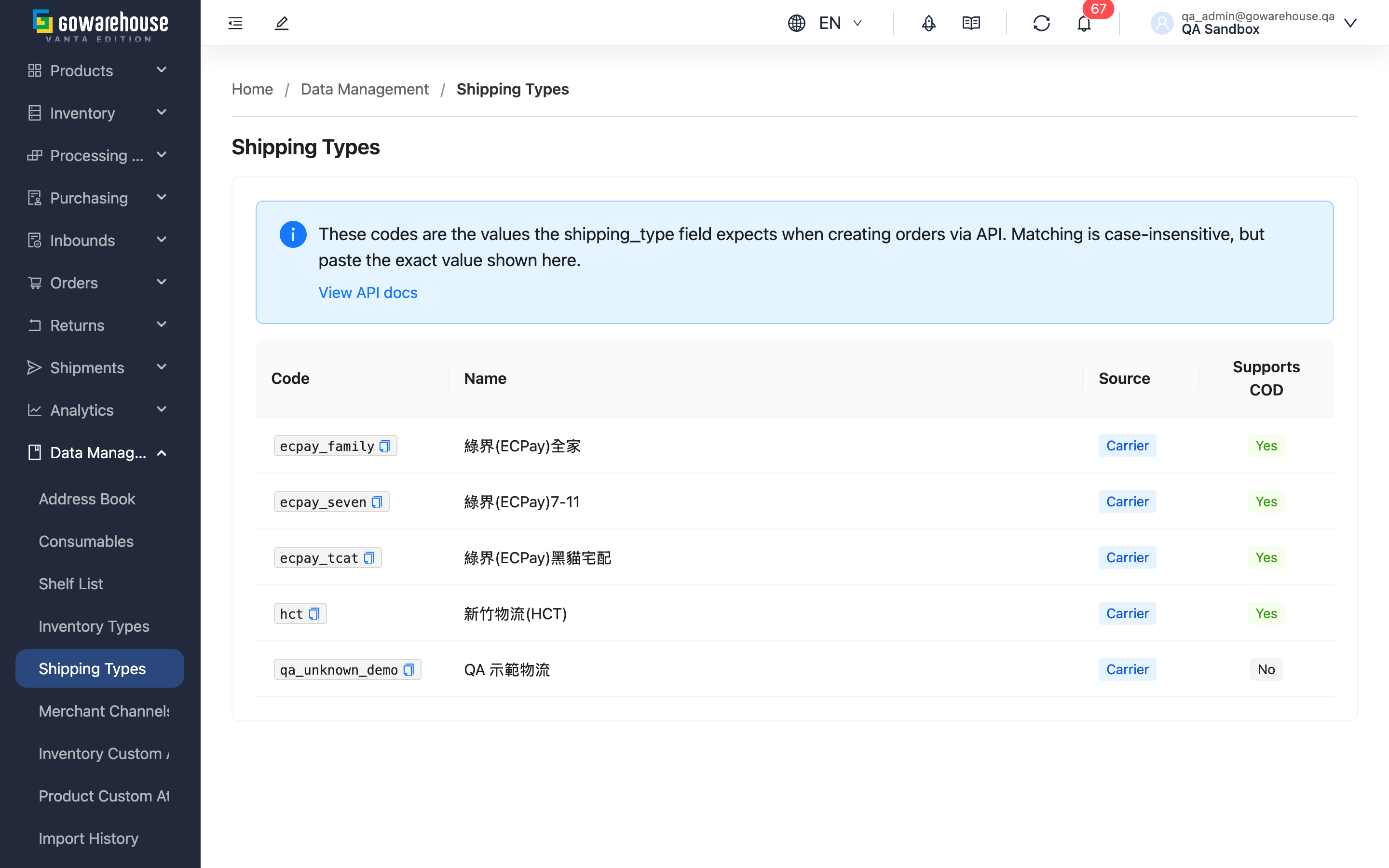 Shipping Types - Page Overview