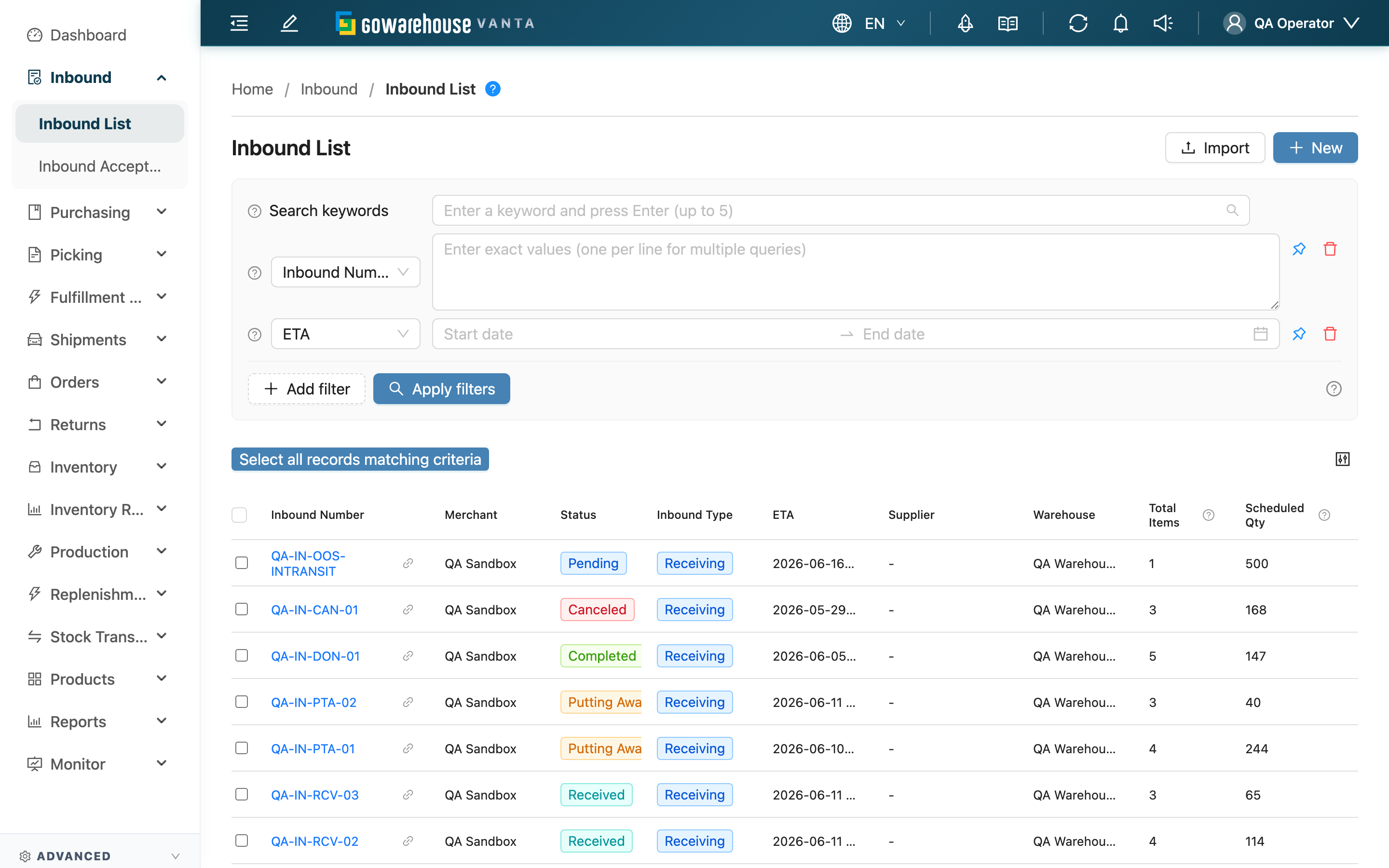 Inbound List - Overview