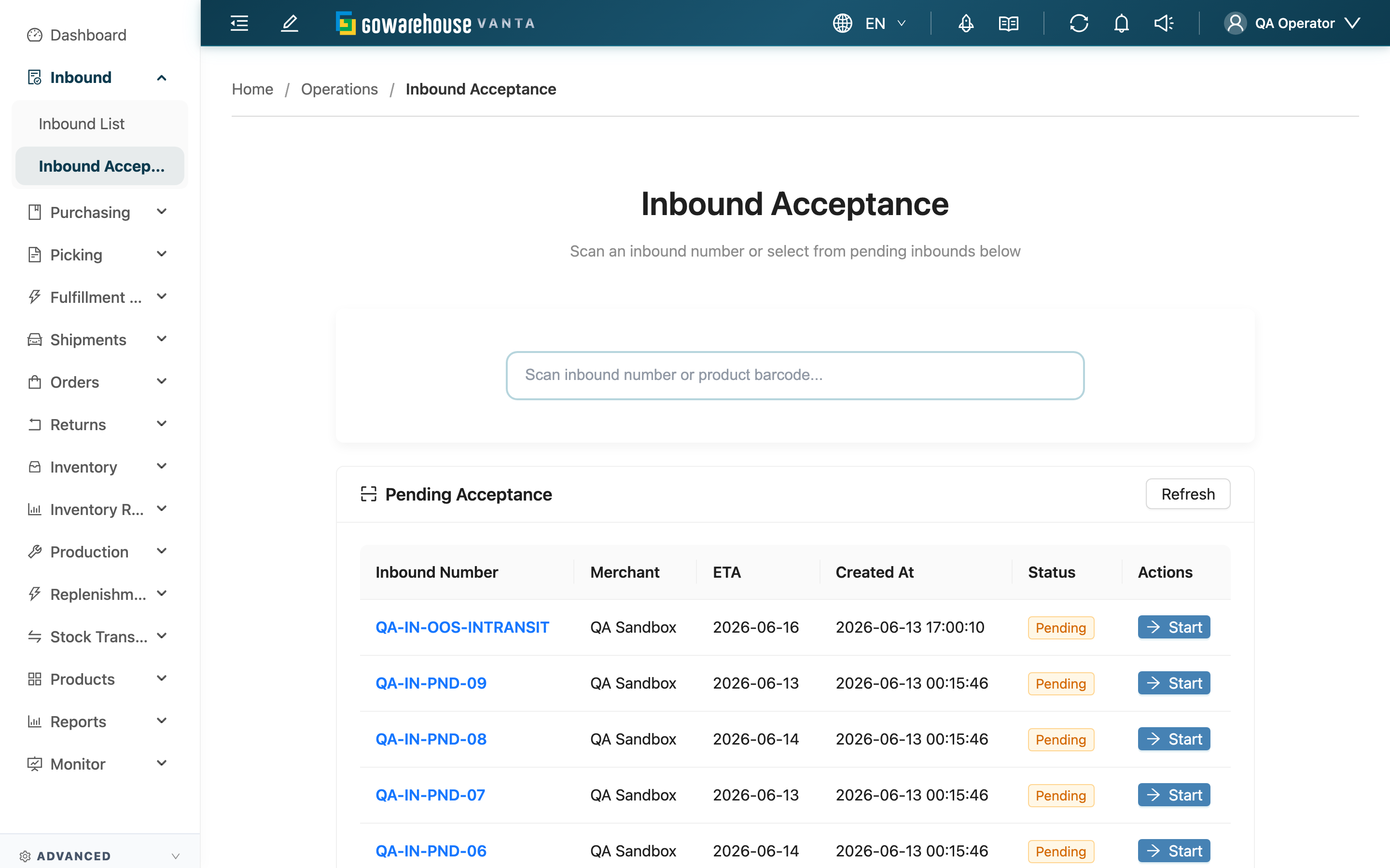 Inbound Acceptance - Pending List