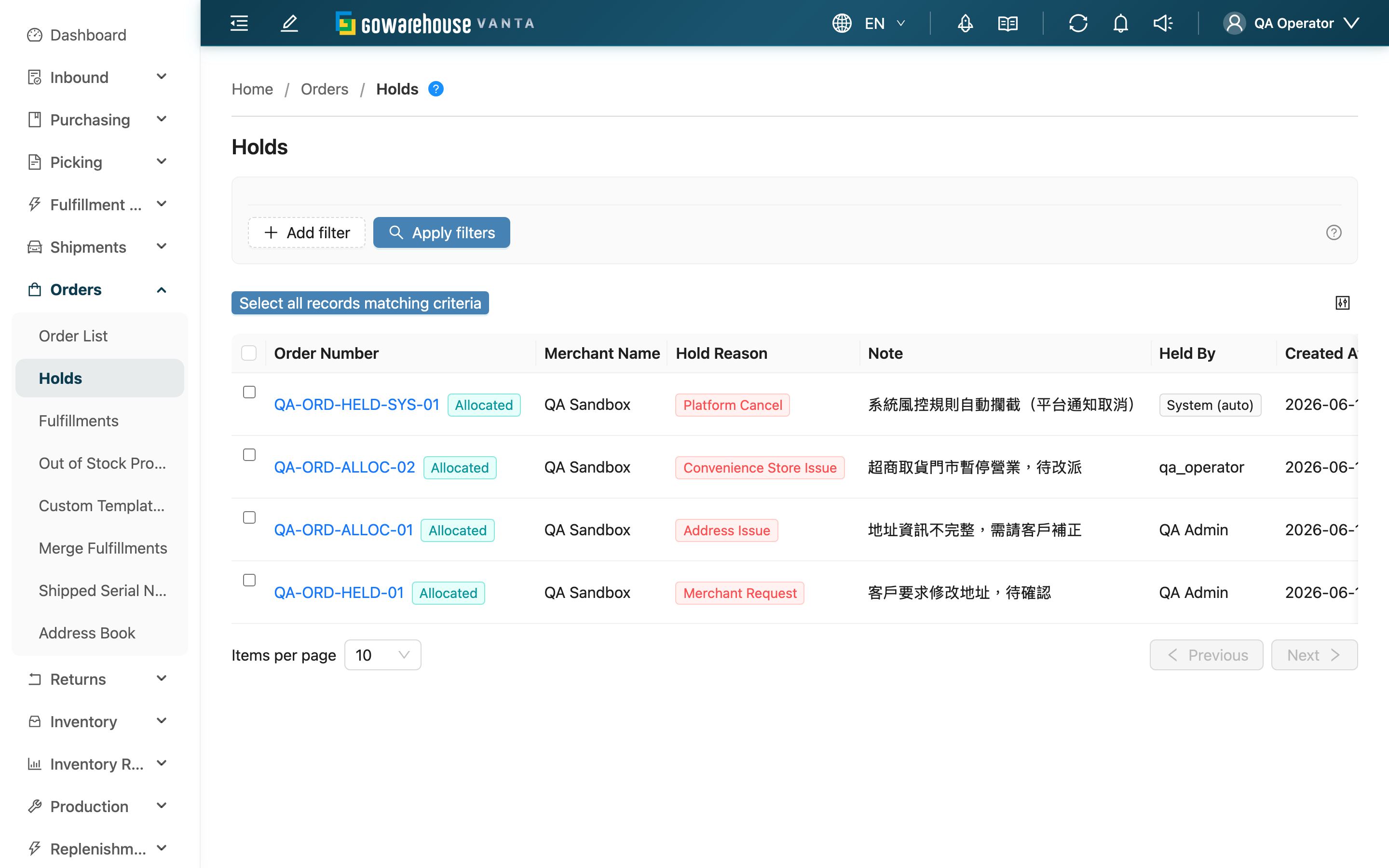Holds - Page overview