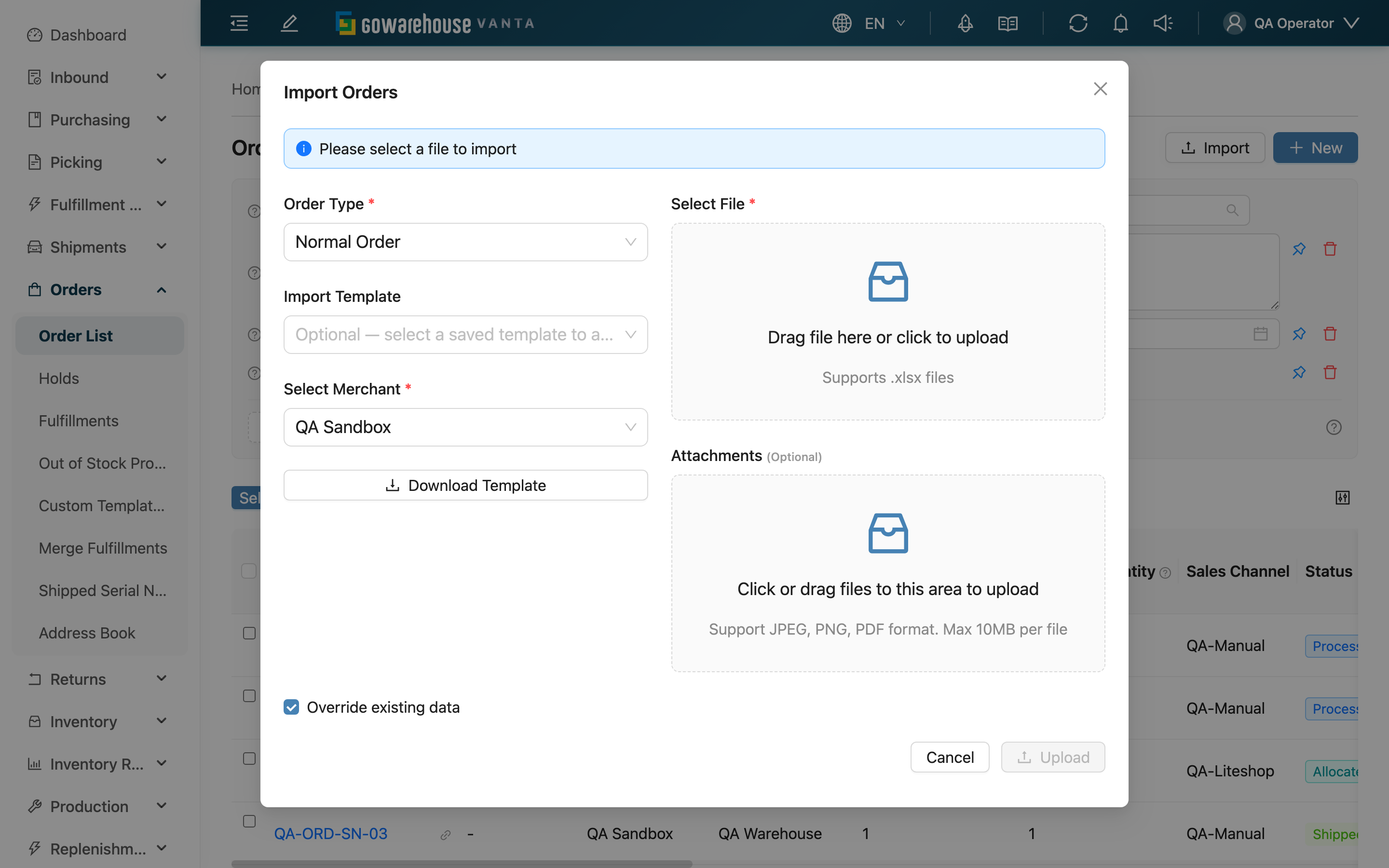Import Orders - Import Dialog