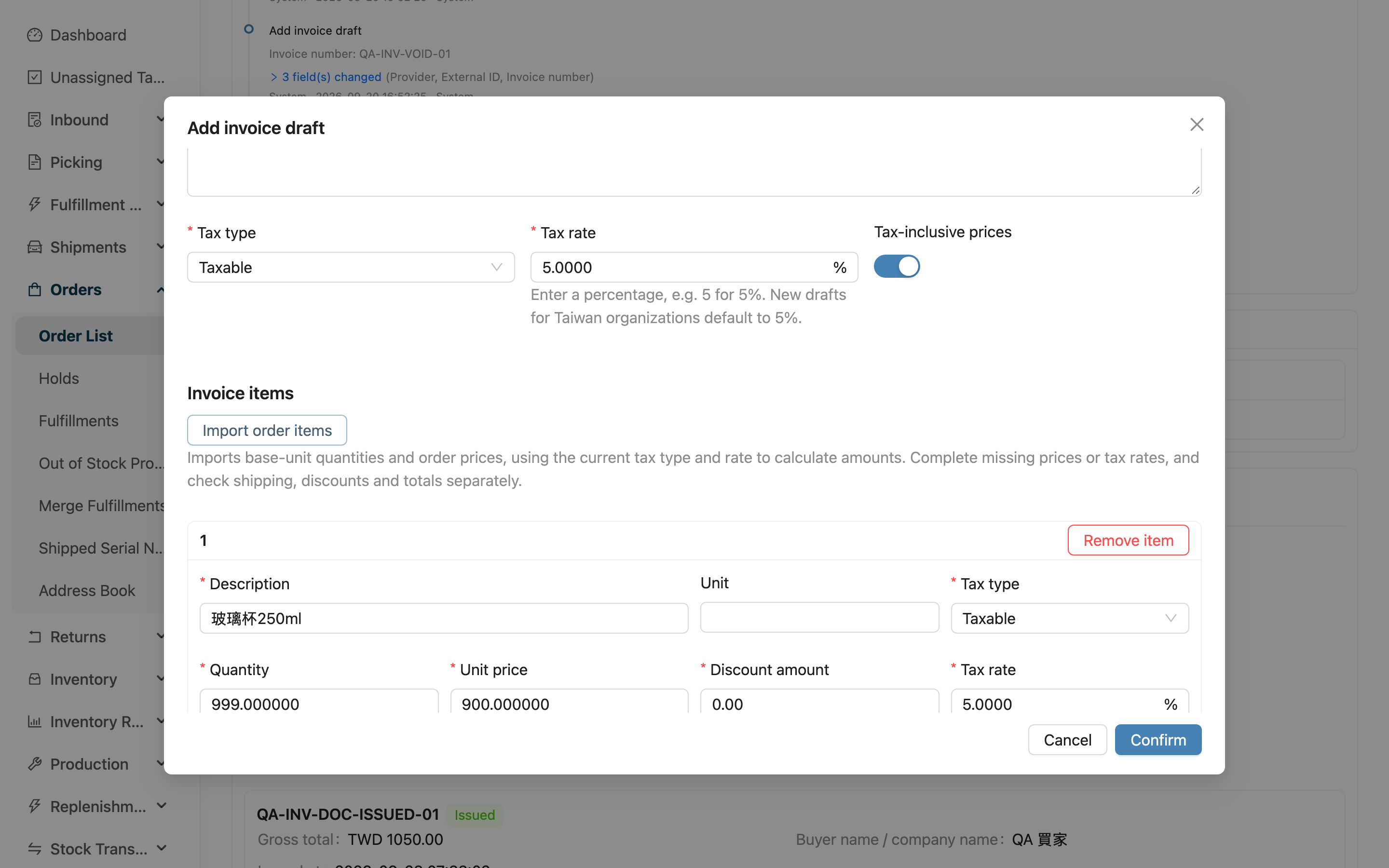 Order invoice - Import order items