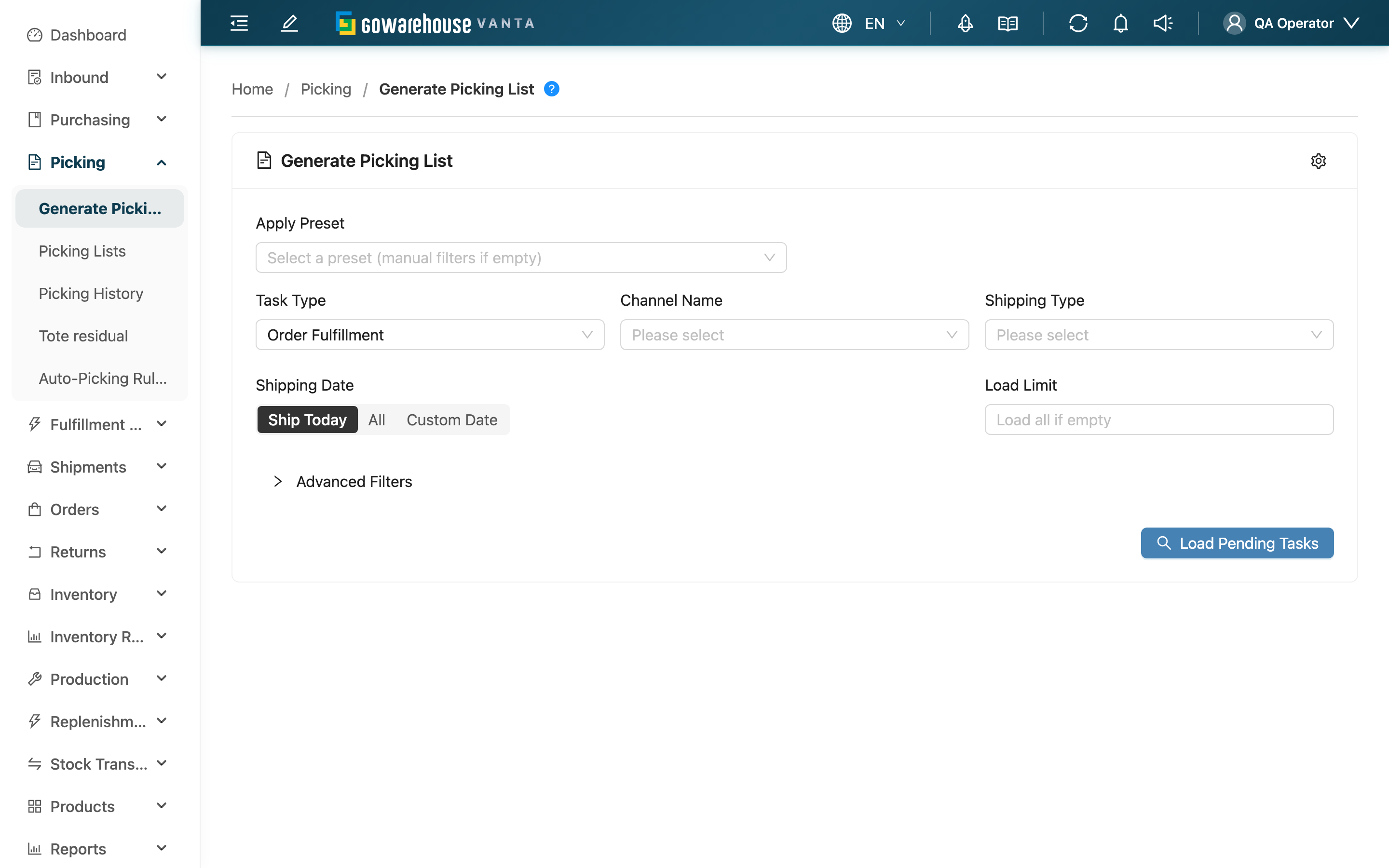 Generate Picking Lists - Page Overview
