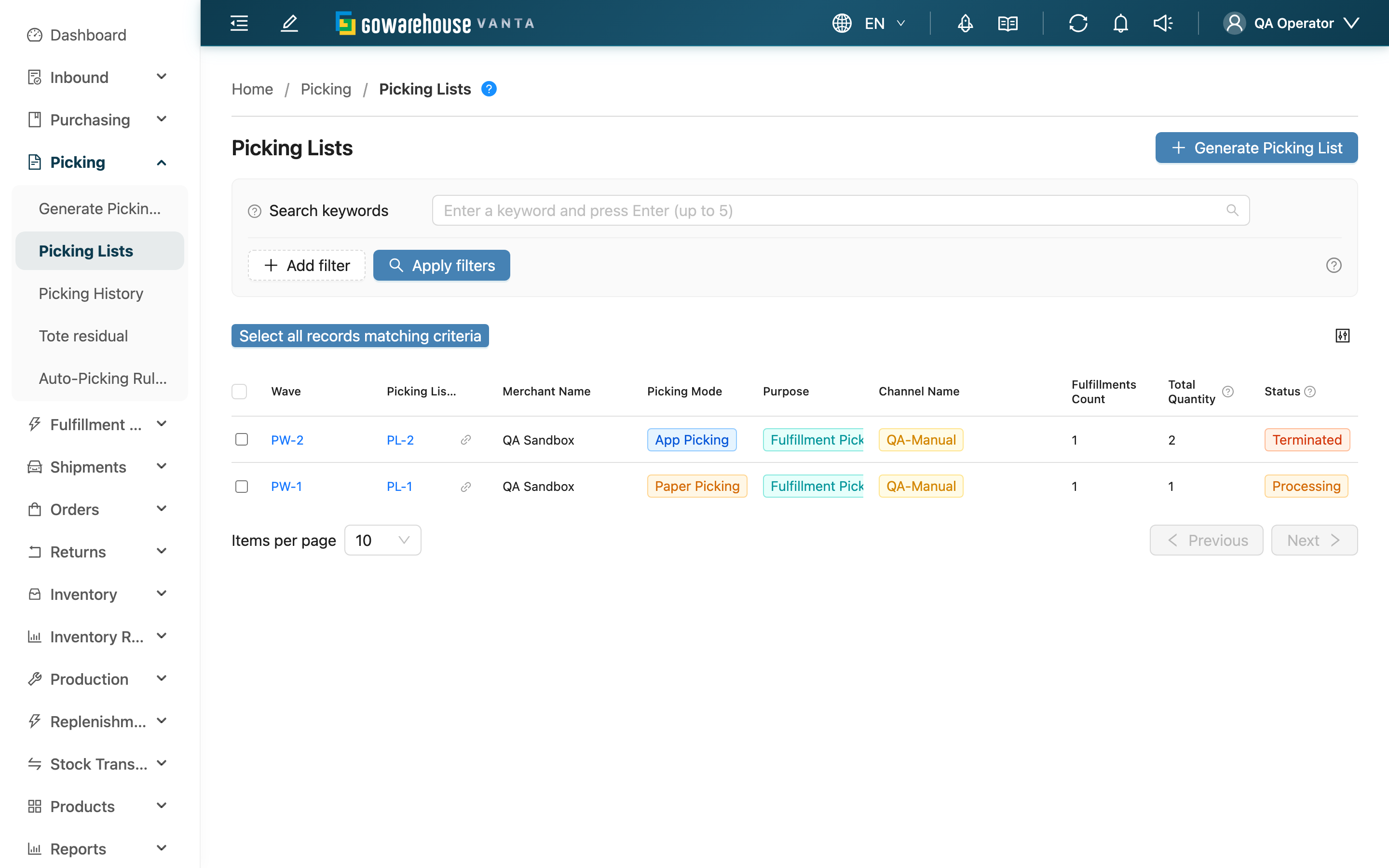 Picking Lists - Page Overview
