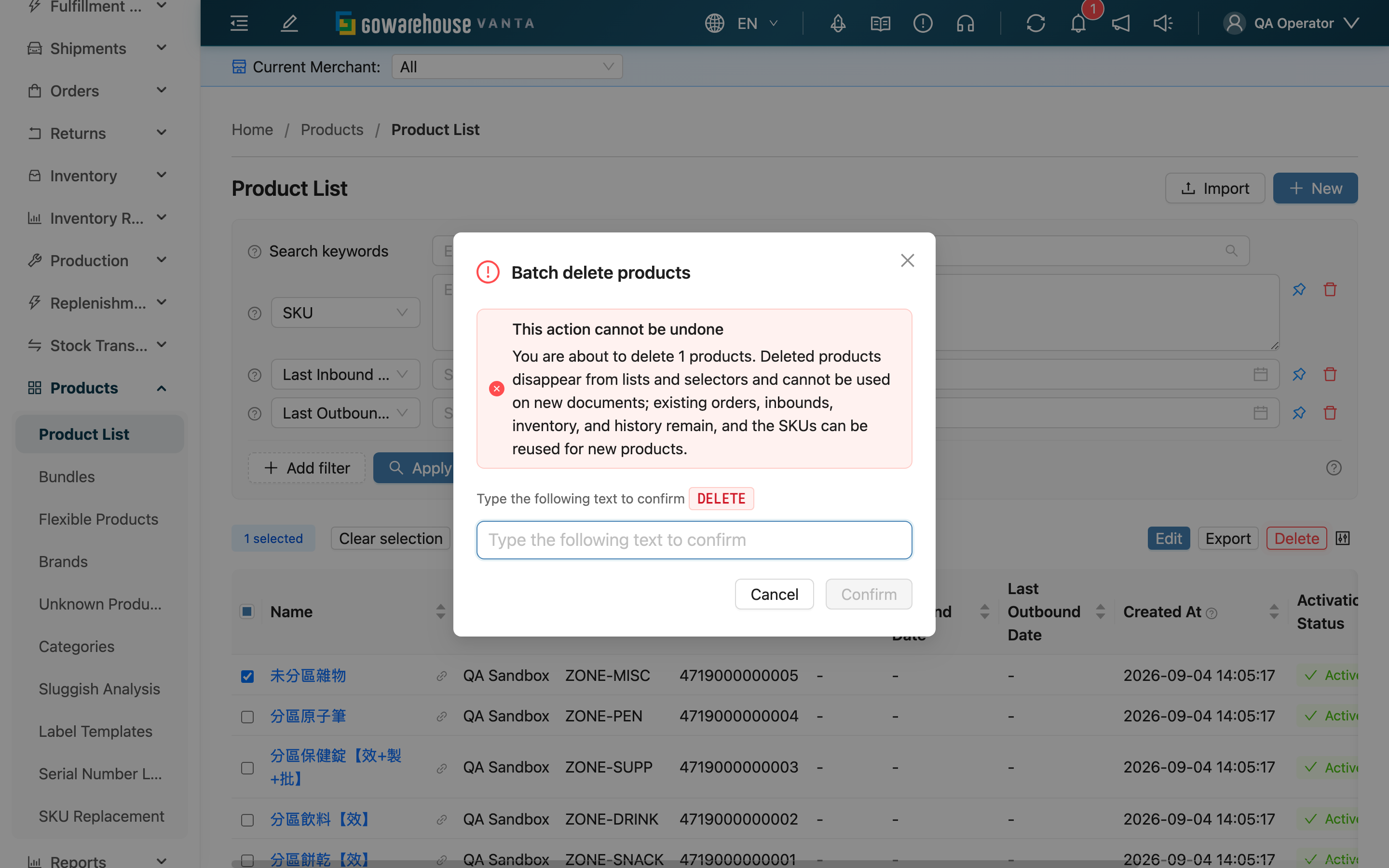 Product List - Batch Deletion Confirmation