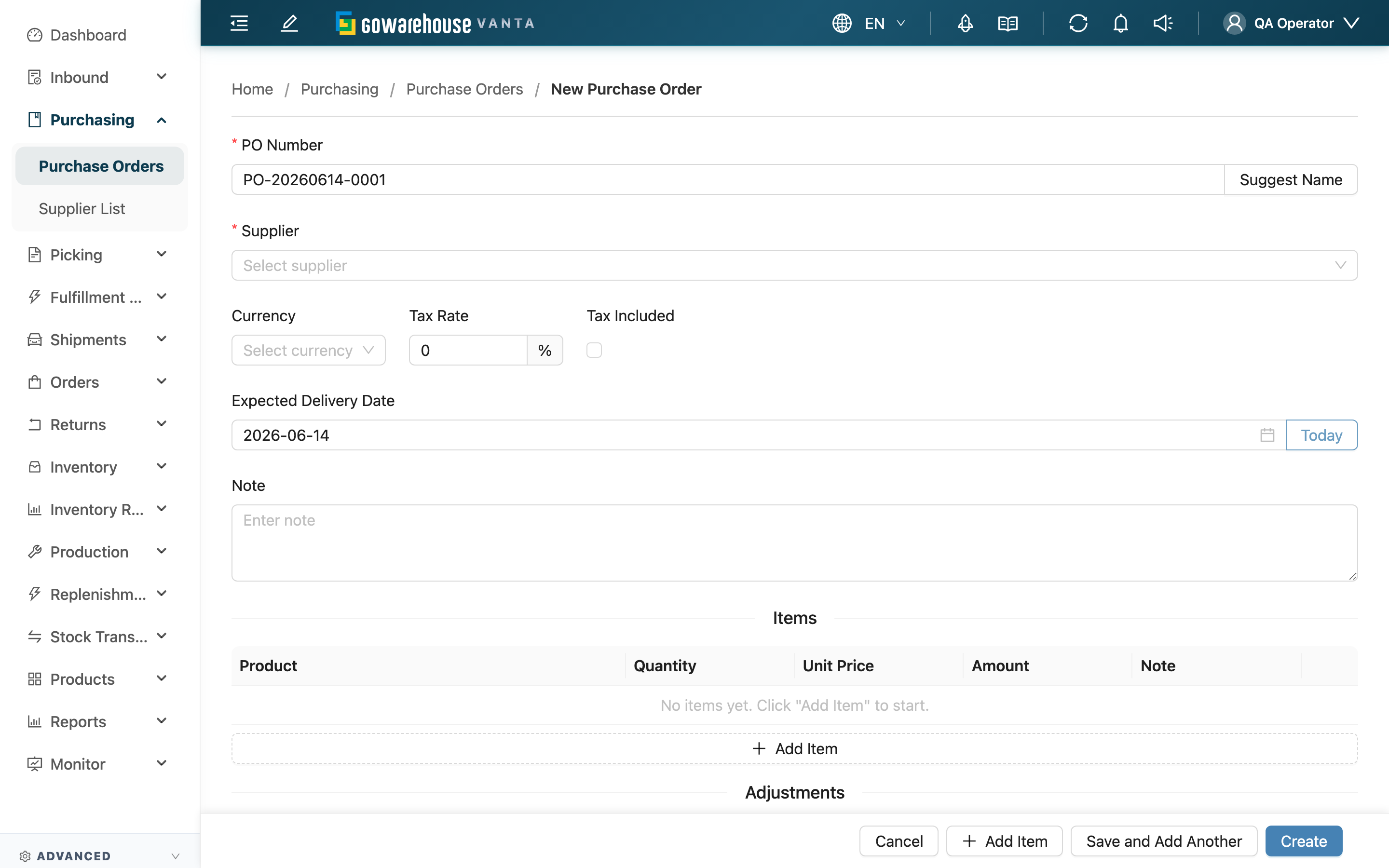 Create Purchase Order - Page overview