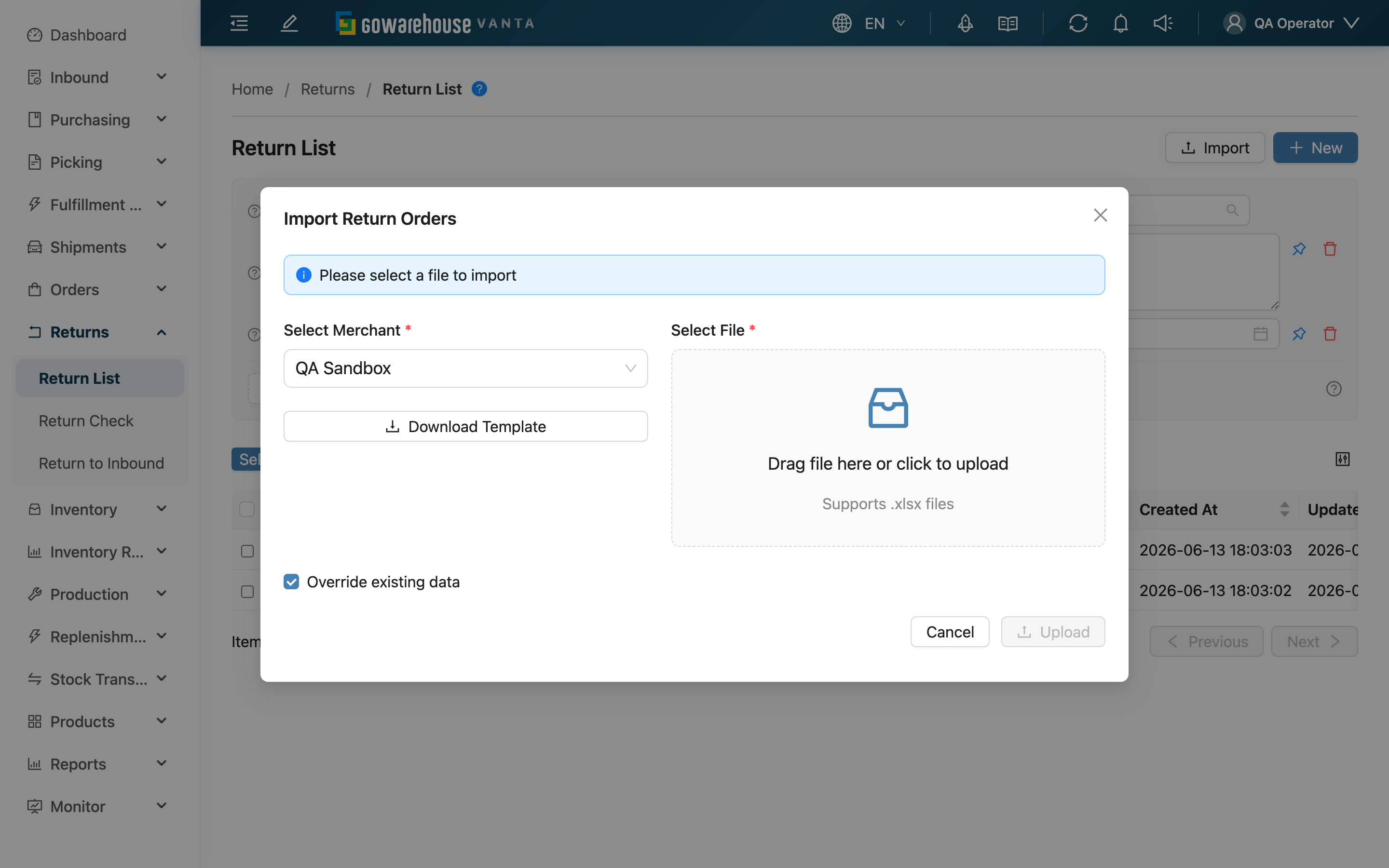 Import Return Orders - Import Dialog