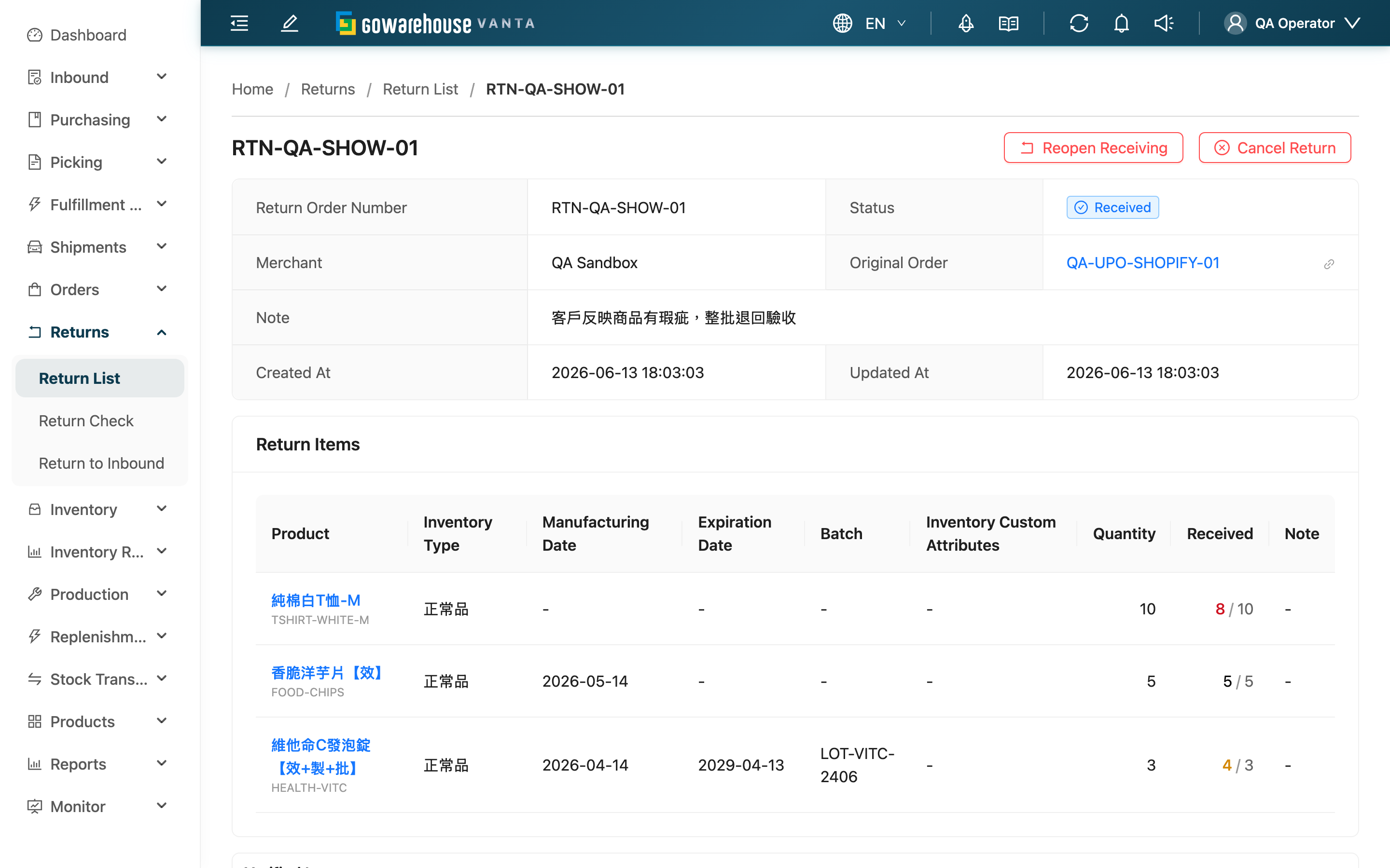 Return Order Detail - Page Overview
