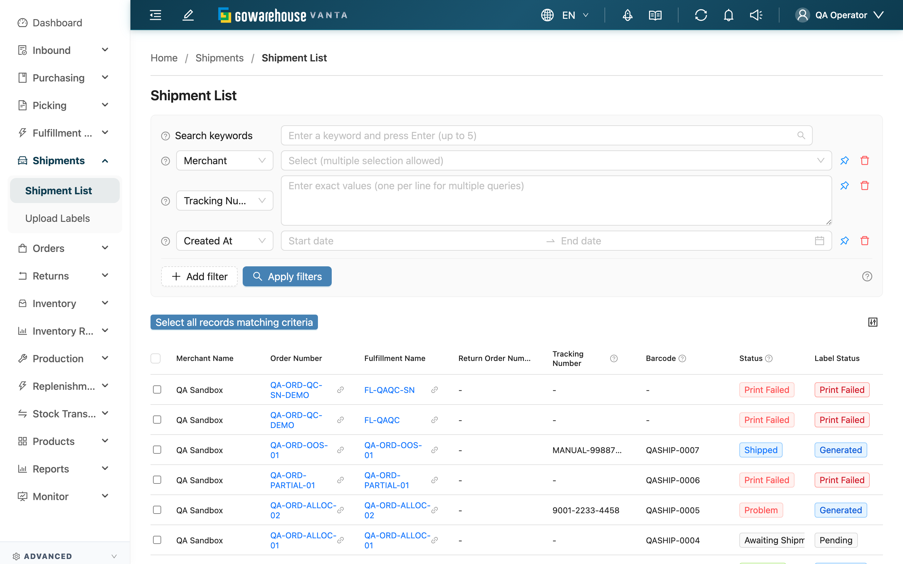Shipment List - Page Overview