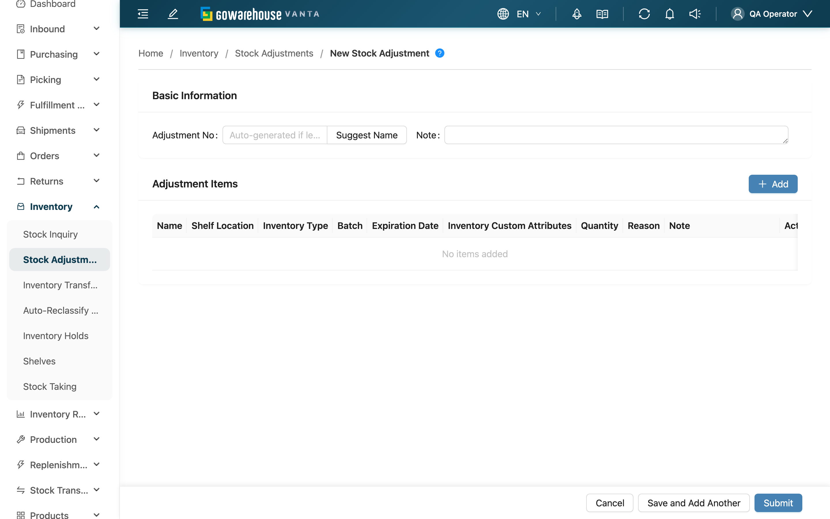 New Stock Adjustment - Page Overview