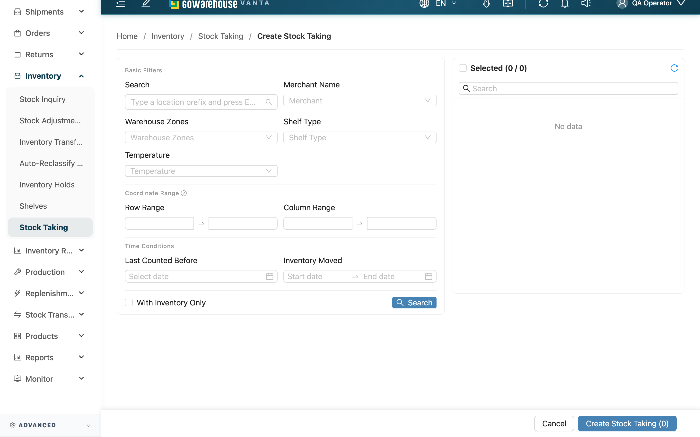 Create a Stock Taking - Page Overview