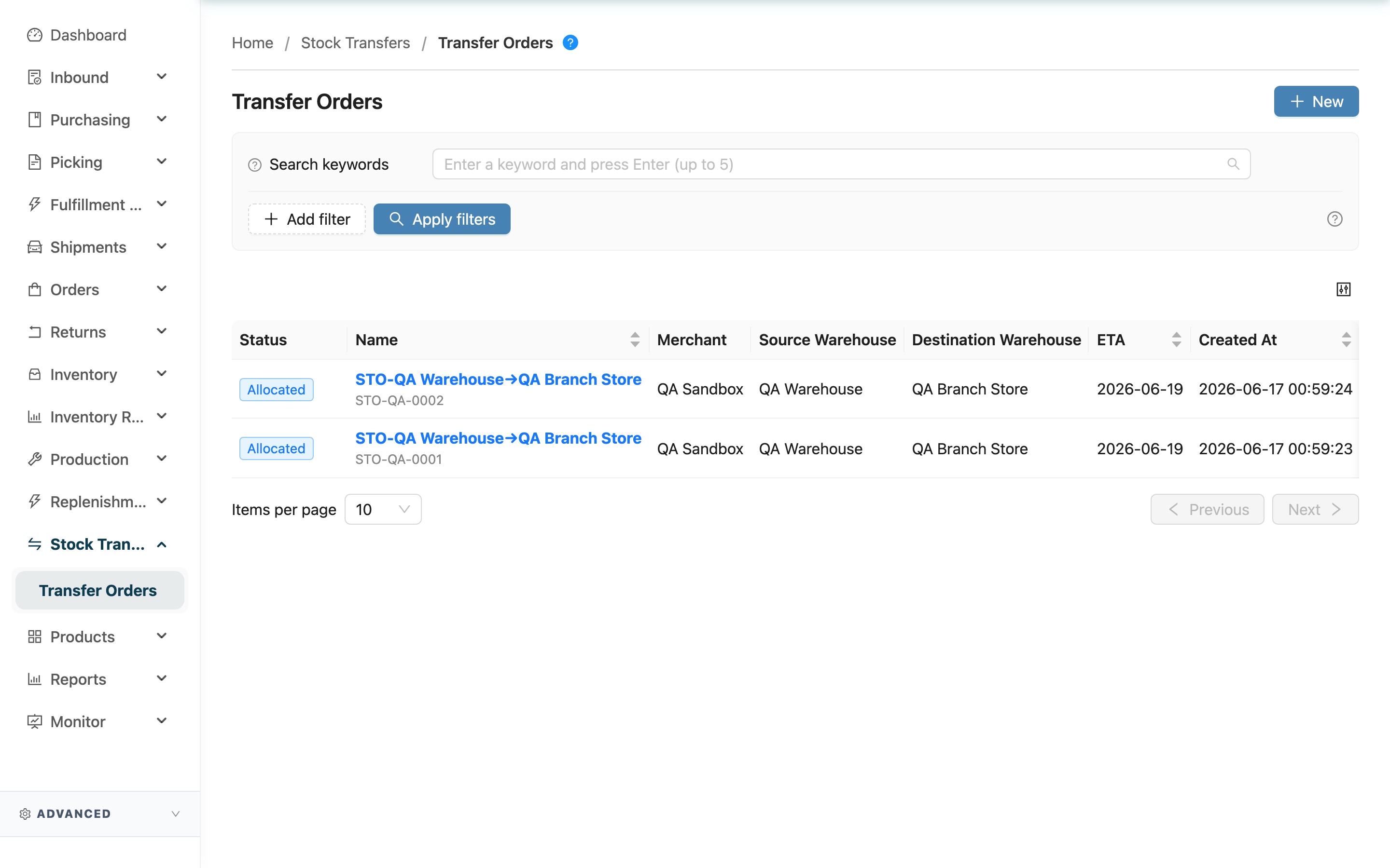 Stock Transfer Order List - Page Overview