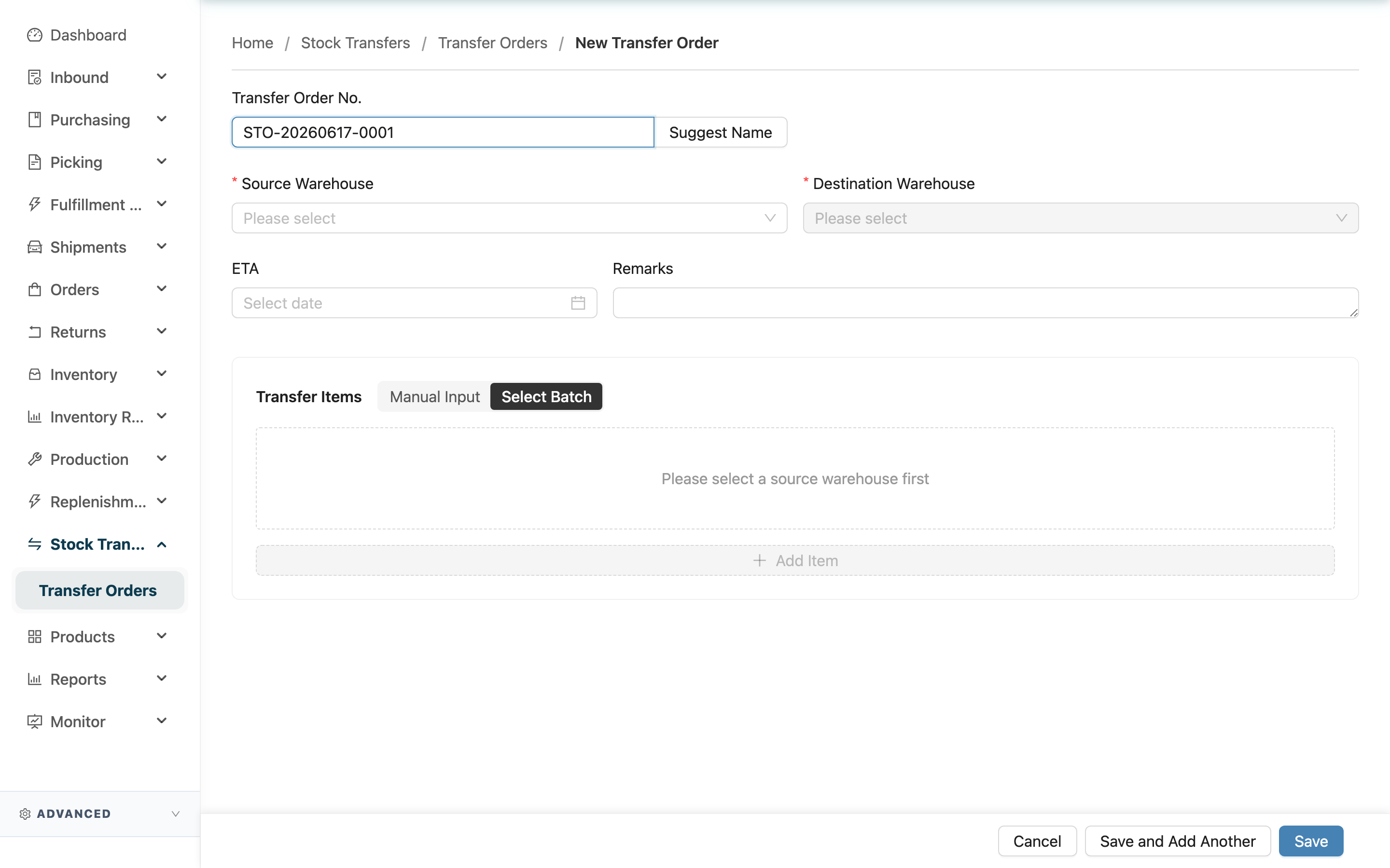 Create Stock Transfer Order - Page Overview