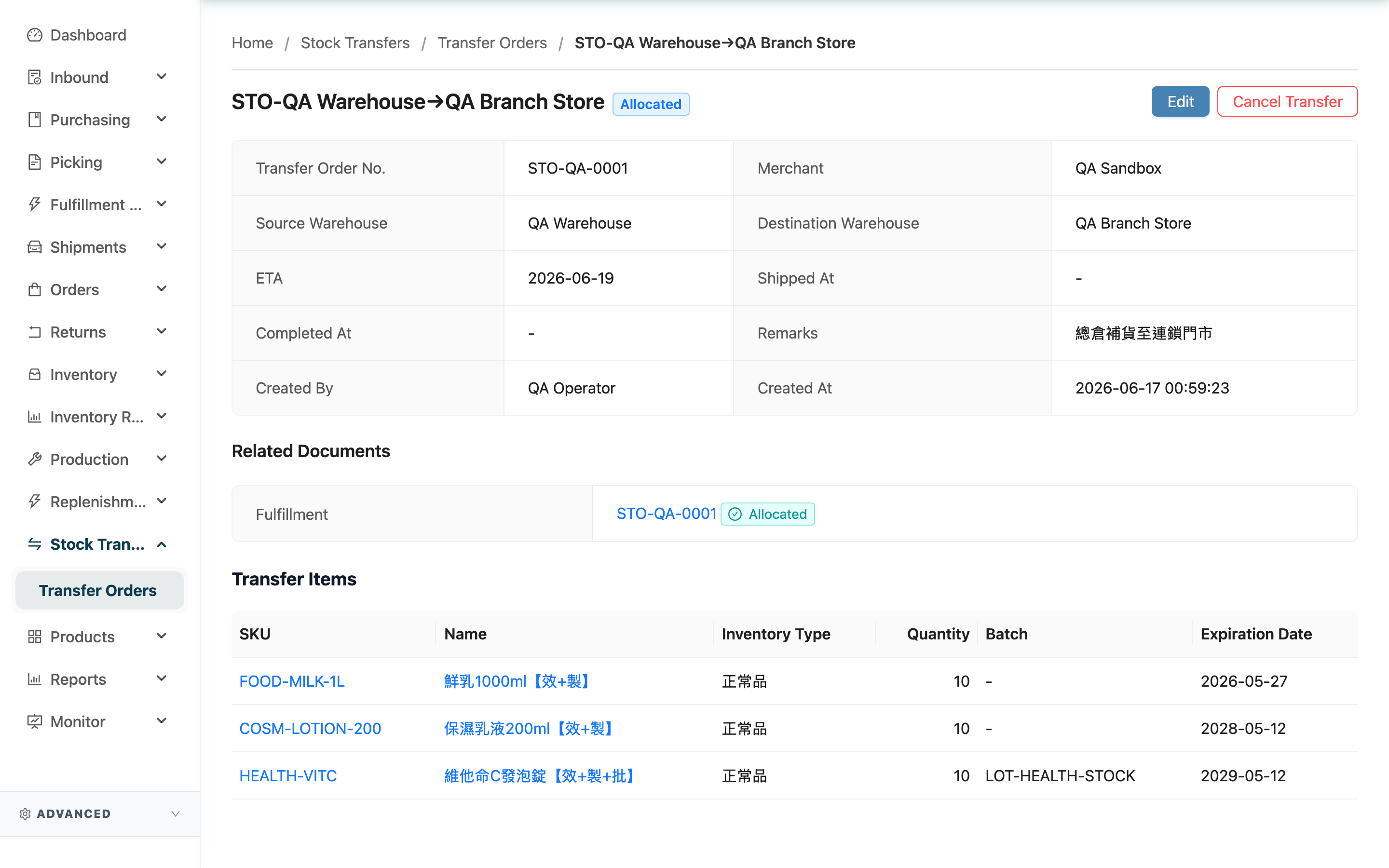 Stock Transfer Order Detail - Page Overview