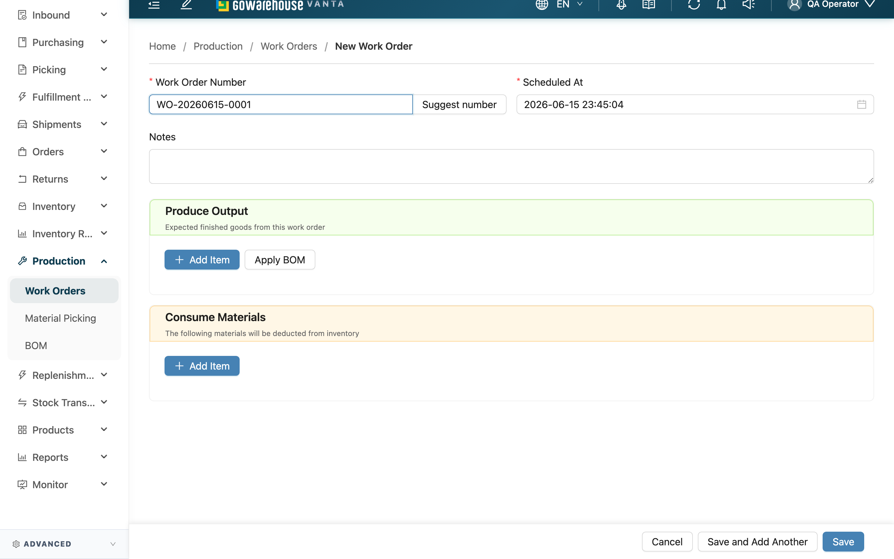 New Work Order - Page Overview