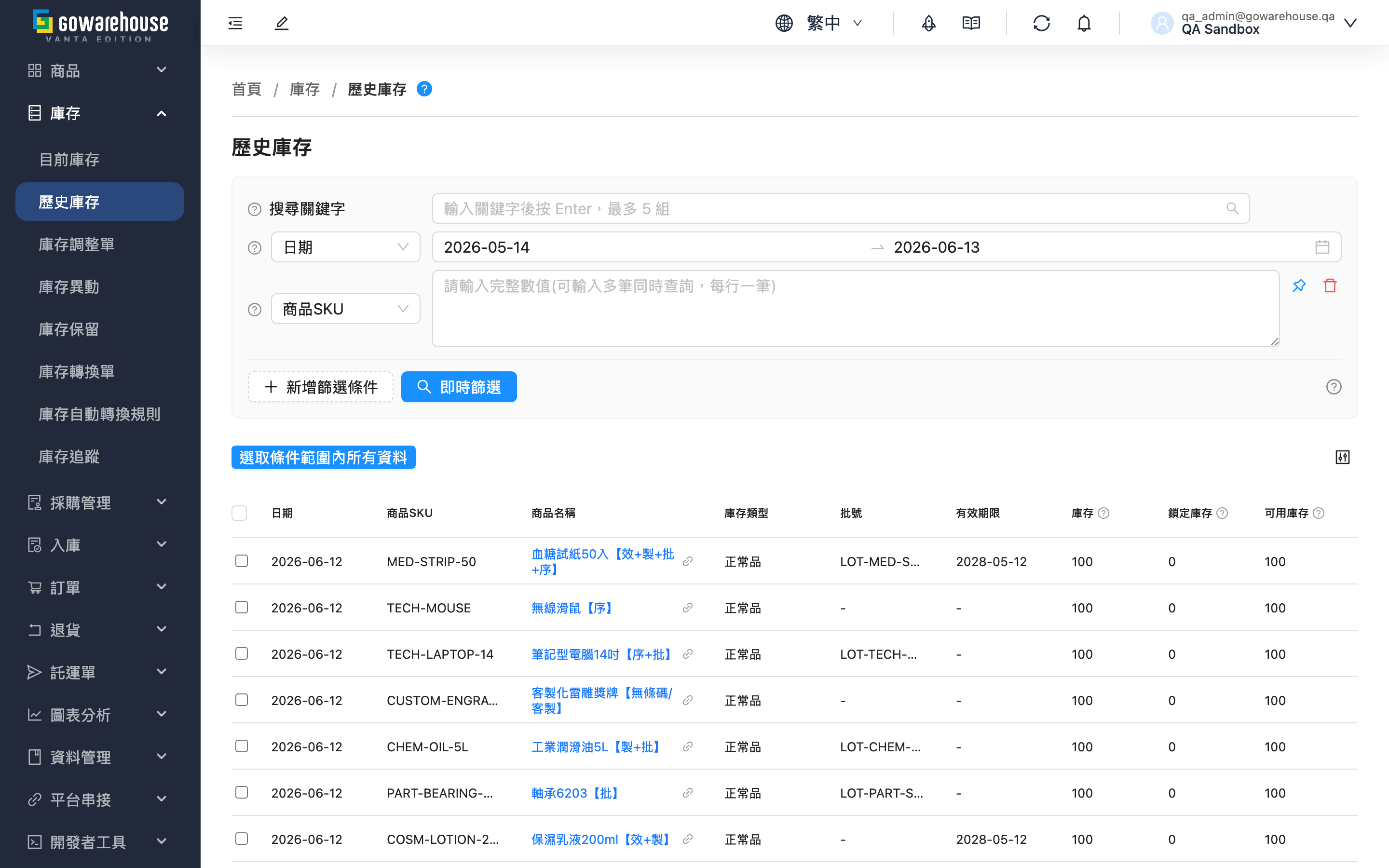 歷史庫存 - 頁面總覽