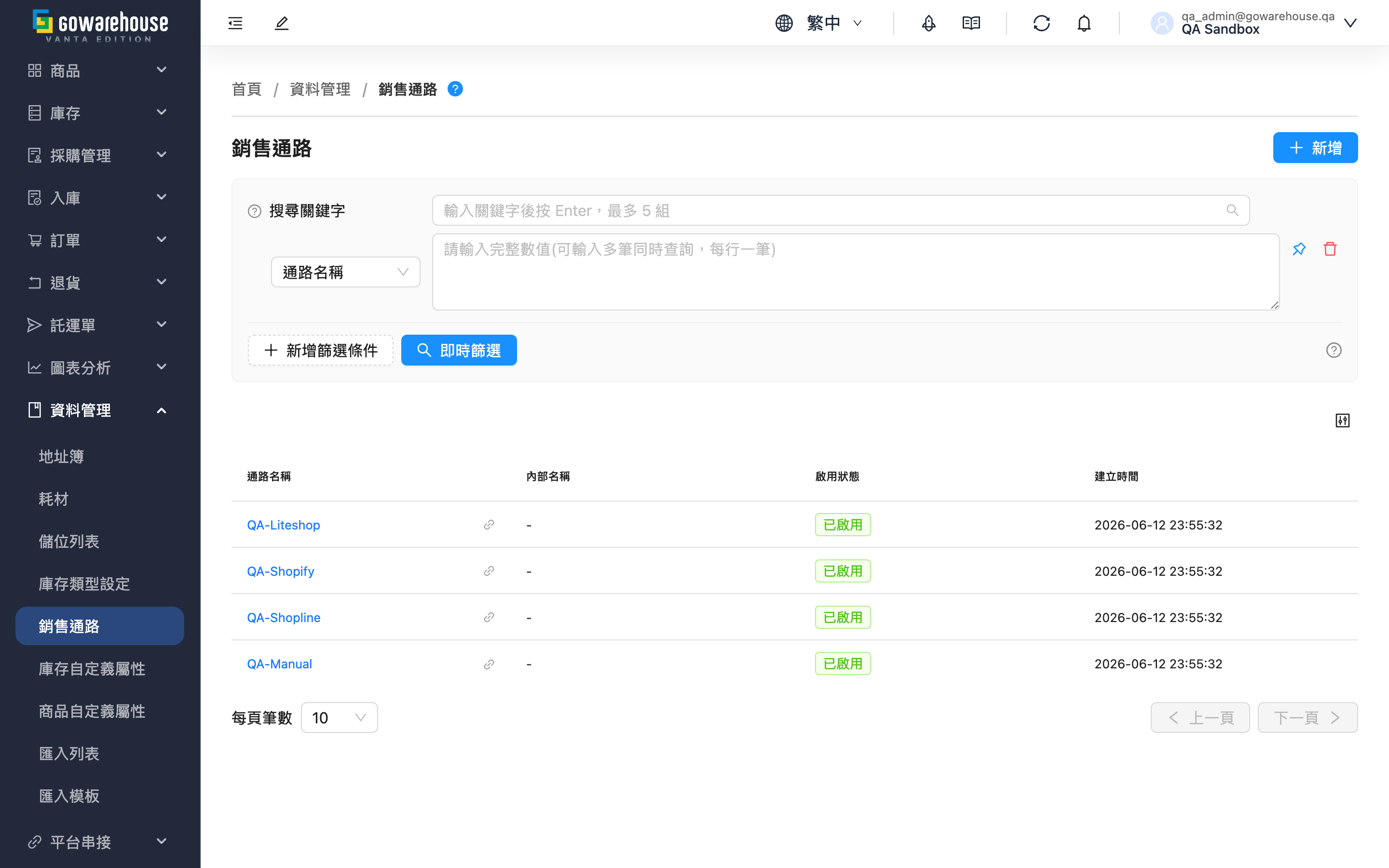 銷售通路列表 - 頁面總覽