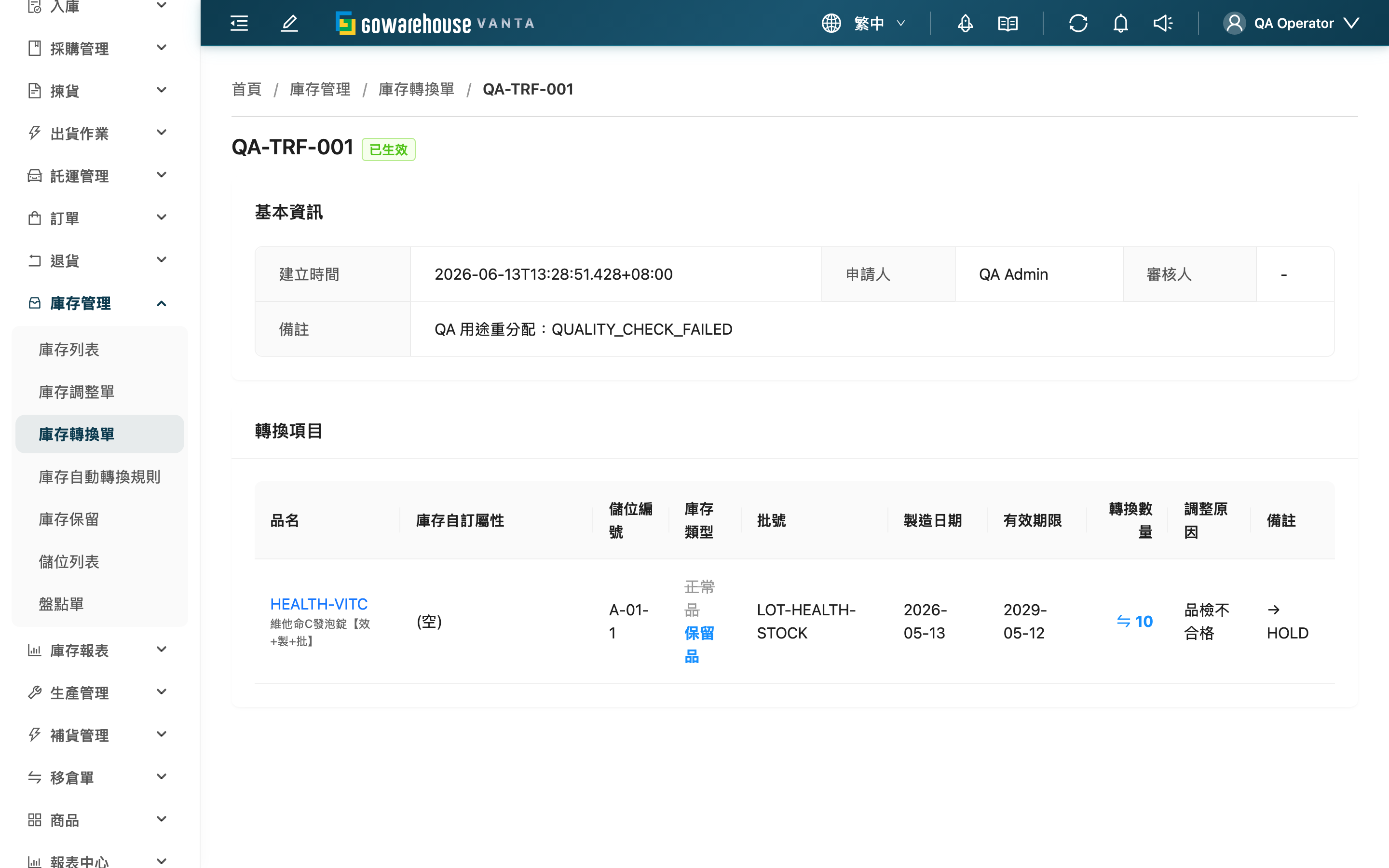 庫存轉換單詳情 - 頁面總覽